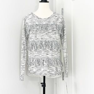 New Gianni Bini GB Medium Gray, White, Fringe Stripe Long Sleeve Sweater